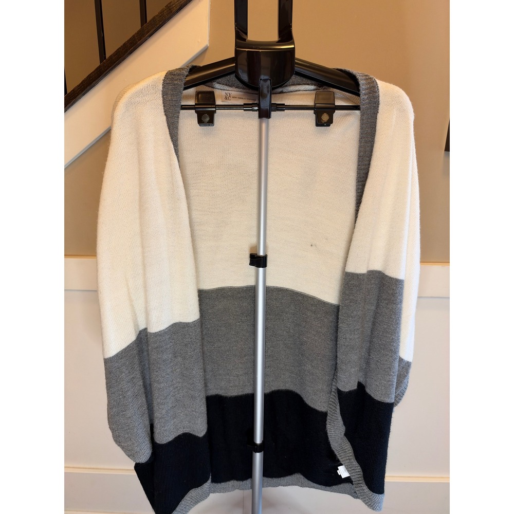 New York & Company Colorblock Open Front Cardigan White Grey Black L/XL